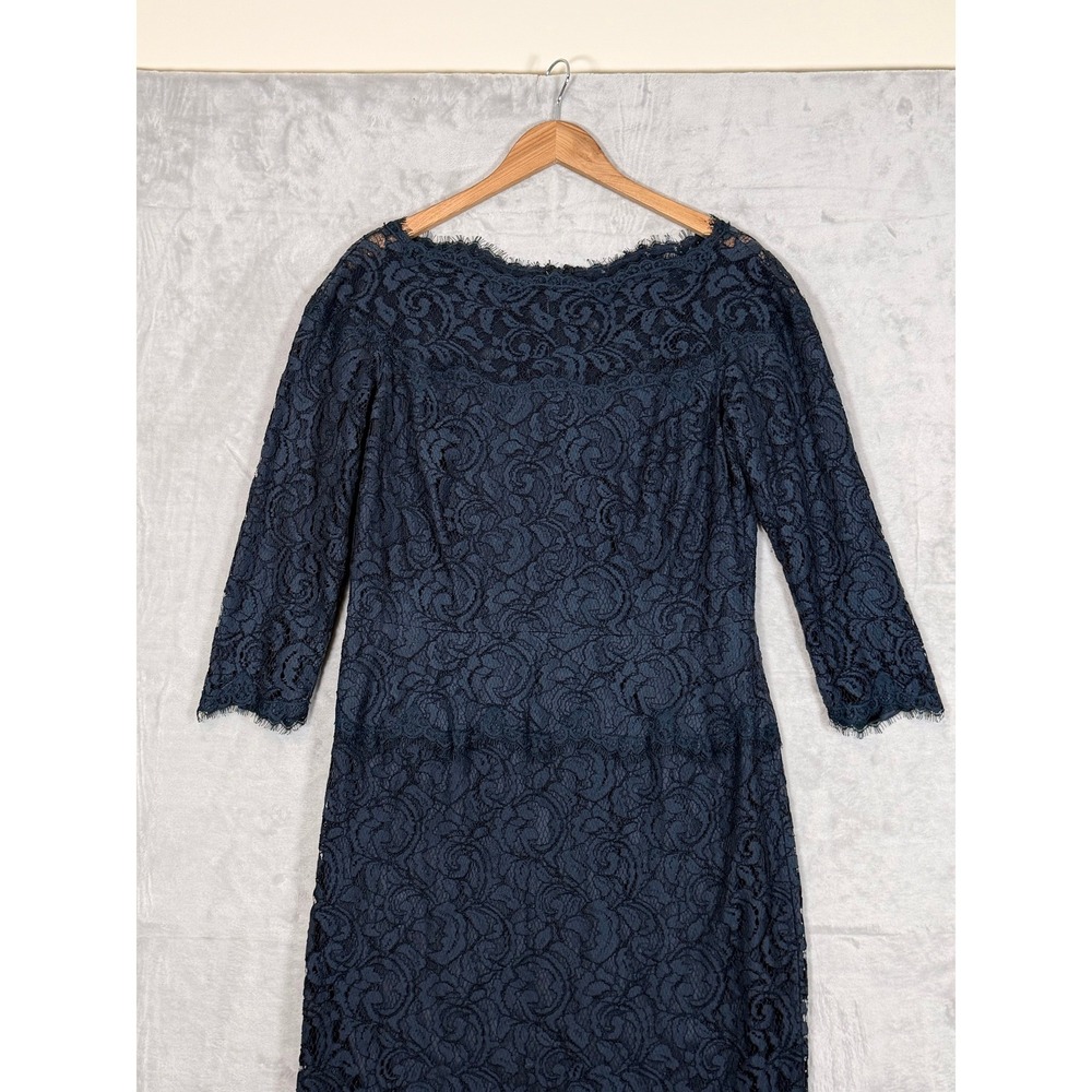 Tadashi Shoji Lace Sheath Dress 14 Navy Blue Formal Wedding Guest - Picture 3 of 11